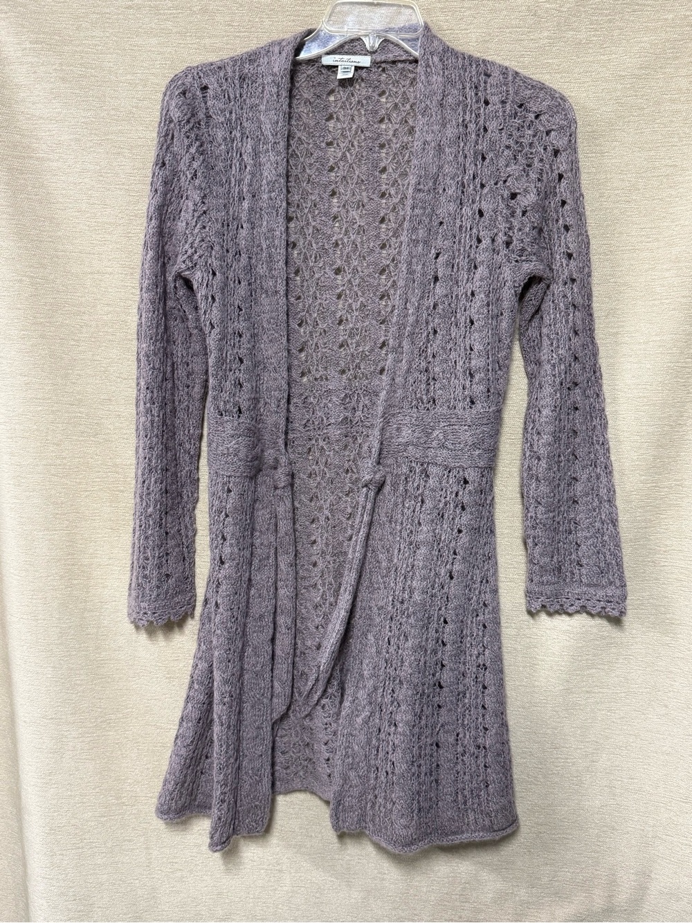 Open-Front Lavender Cable Knit Long Cardigan with Self-Tie Belt